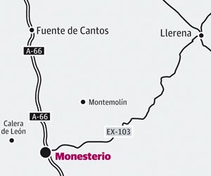 A cinco kilómetros del casco urbano de Monesterio, dirección Sevilla, por la Nacional 630, en el punto kilométrico 728,5. Posee amplios aparcamientos exteriores, y dos casas independientes con 18 habitaciones y 4 suites./