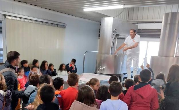 Escolares durante la visita a la quesería de la Cooperativa Ganadera (COVICA). /CEDIDA