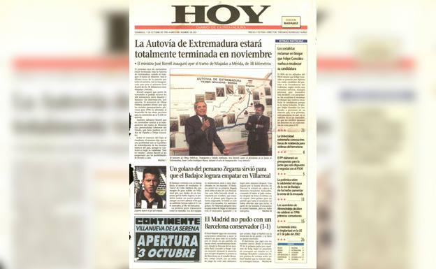 Portada del Diario HOY del 1 de octubre de 1995. Daba cuenta de la entrada en servicio del tramo de la autovía entre Miajadas y Mérida. 