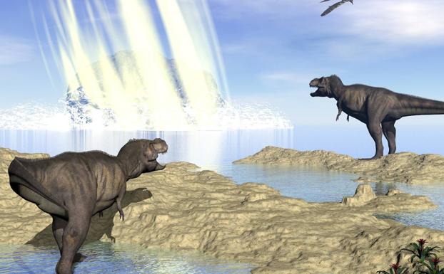 Recreación del impacto ante varios dinosaurios. /