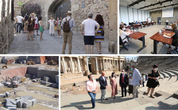 Arriba izq. Turistas en Cáceres | Arriba der. Reunión en la Consejería de Administración pública. | Abajo izq. Cantera de extracción de granito en Quintana | Abajo der. Mejoras del Teatro Romano de Mérida.