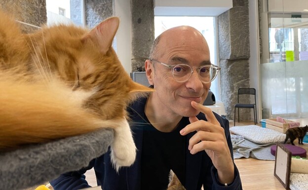 El autor de 'El despertar de los gatos', en una gatoteca en Madrid. /R. C.