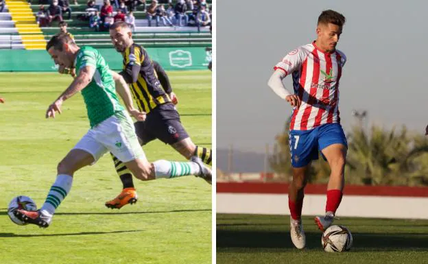 A la izquierda Solano, en un lance contra el San Roque; a la derecha Abraham Pozo, esta temporada frente al Vélez. /J. REY / E. DOMEQUE